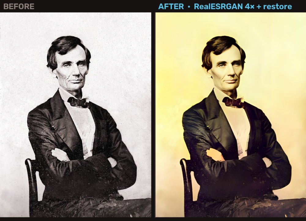 Before: grainy black-and-white 1860 Lincoln portrait scan. After: colorized, 4x upscaled, face enhanced