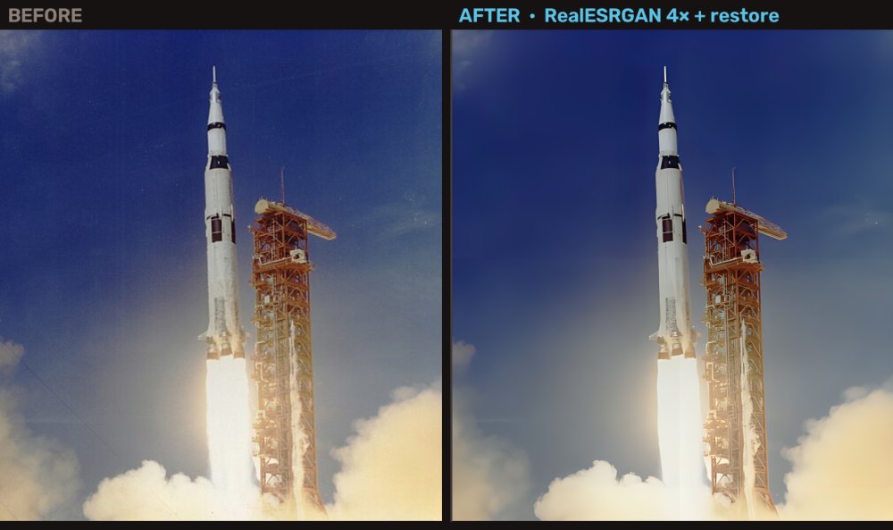 Before: small low-resolution color Apollo 11 Saturn V photo. After: 4x upscaled, sharper
