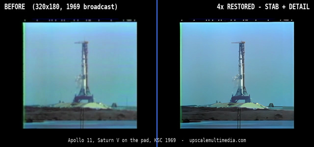 Before: grainy 320x180 1969 Apollo 11 Saturn V launch-pad color broadcast. After: 4x restored, stabilized