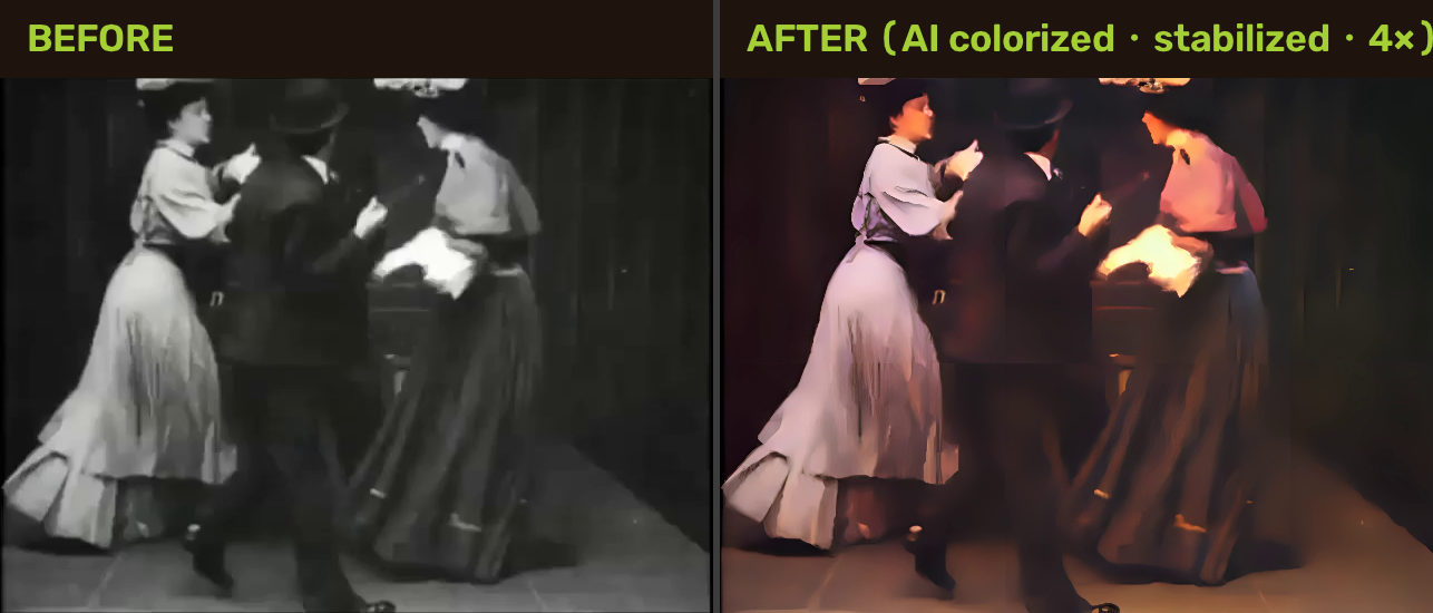 Before: grainy black-and-white 1905 subway scene. After: AI colorized, stabilized, 4x upscaled