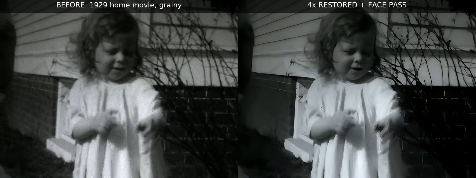 Before: grainy 1929 home-movie portrait. After: 4x upscaled with AI face enhancement