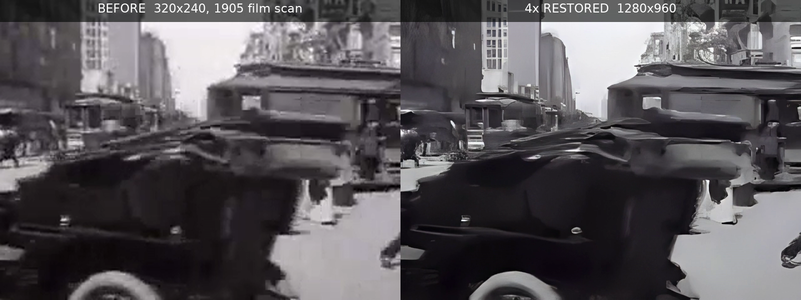 Before: grainy 320x240 1905 San Francisco street frame. After: AI-restored 1280x960